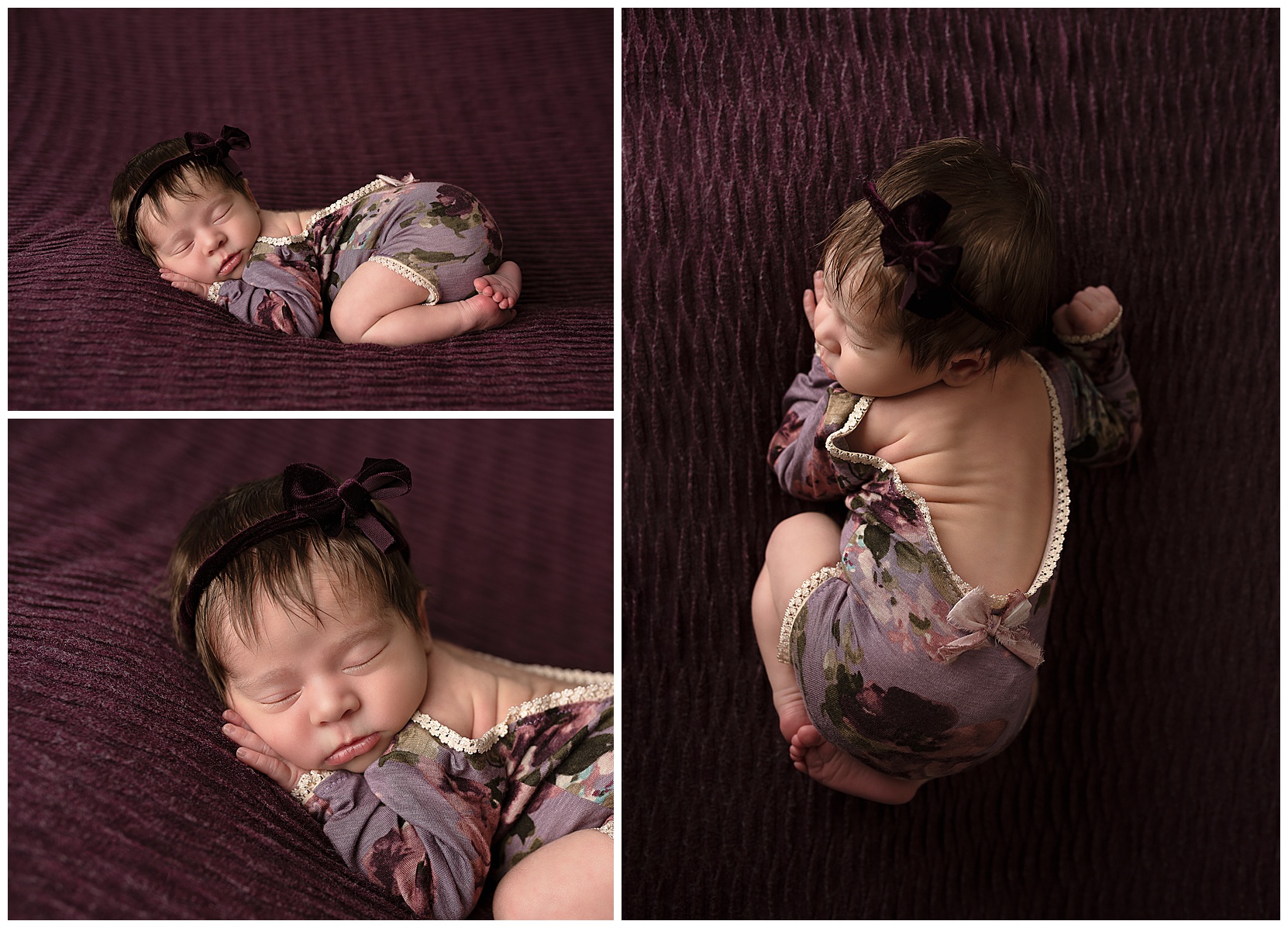 baby girl sleeping on a purple blanket wearing a purple floral romper