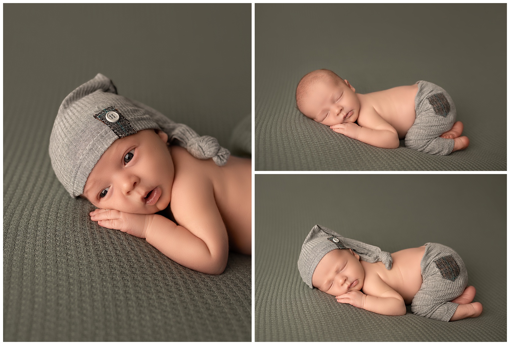 newborn baby laying on a green blanket in a gray hat and gray pants