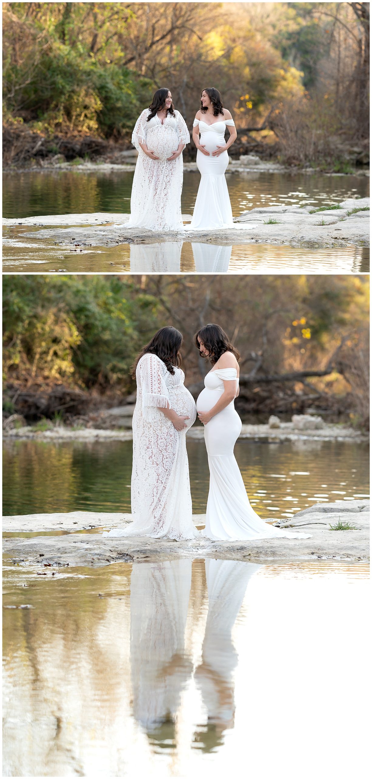 pregnant sisters white dresses water maternity photography