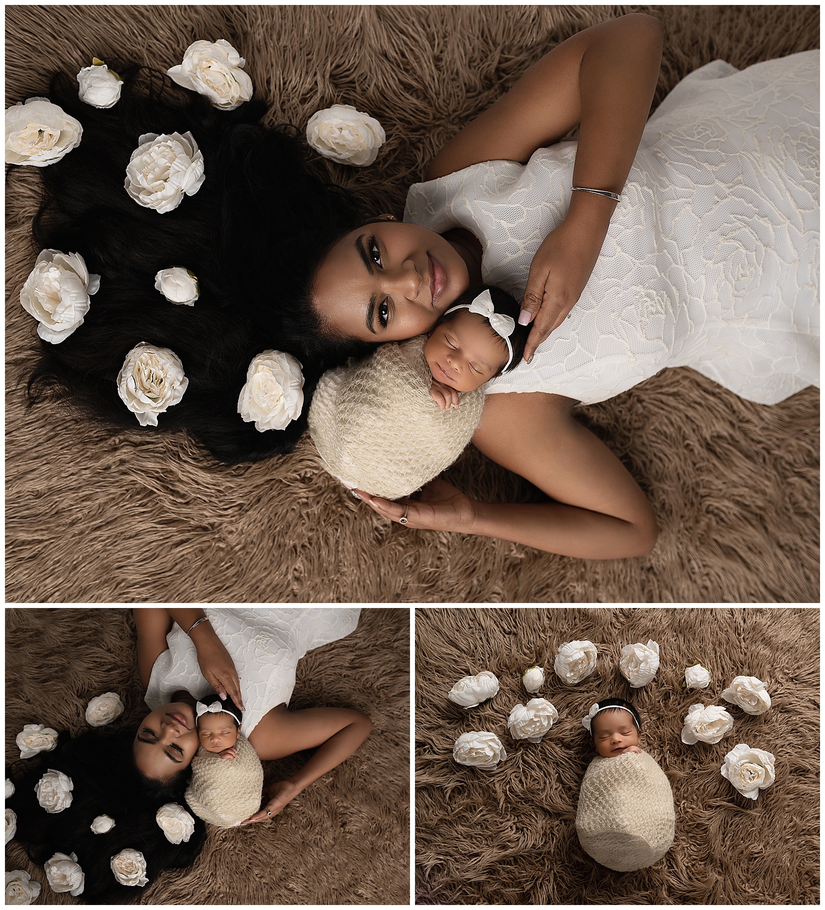 mom and wrapped baby brown rug white flowers