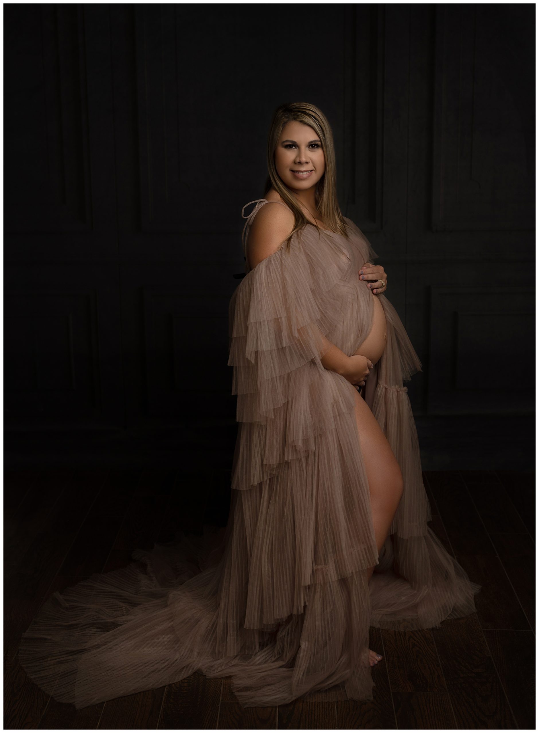 pregnant woman pink tulle dress