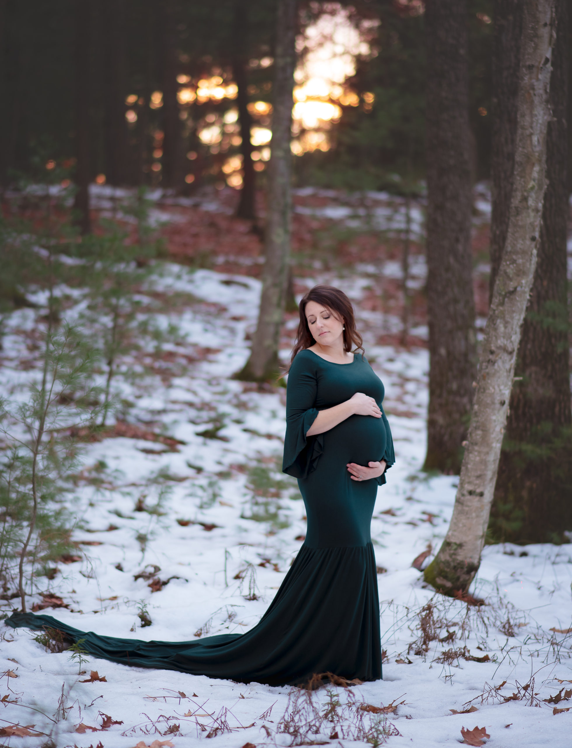 green maternity dress snowy woods