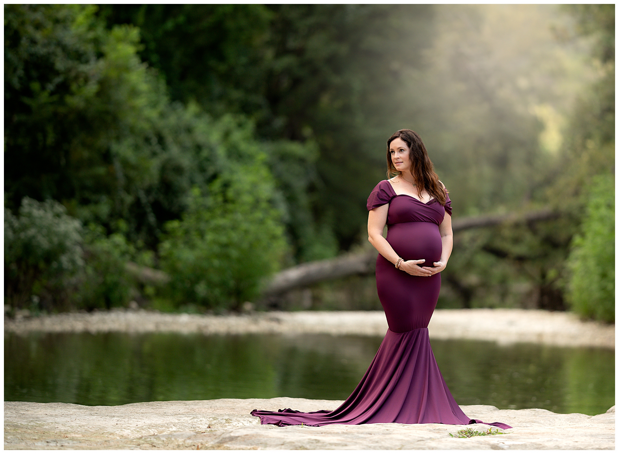 pregnant woman creek purple mermaid dress