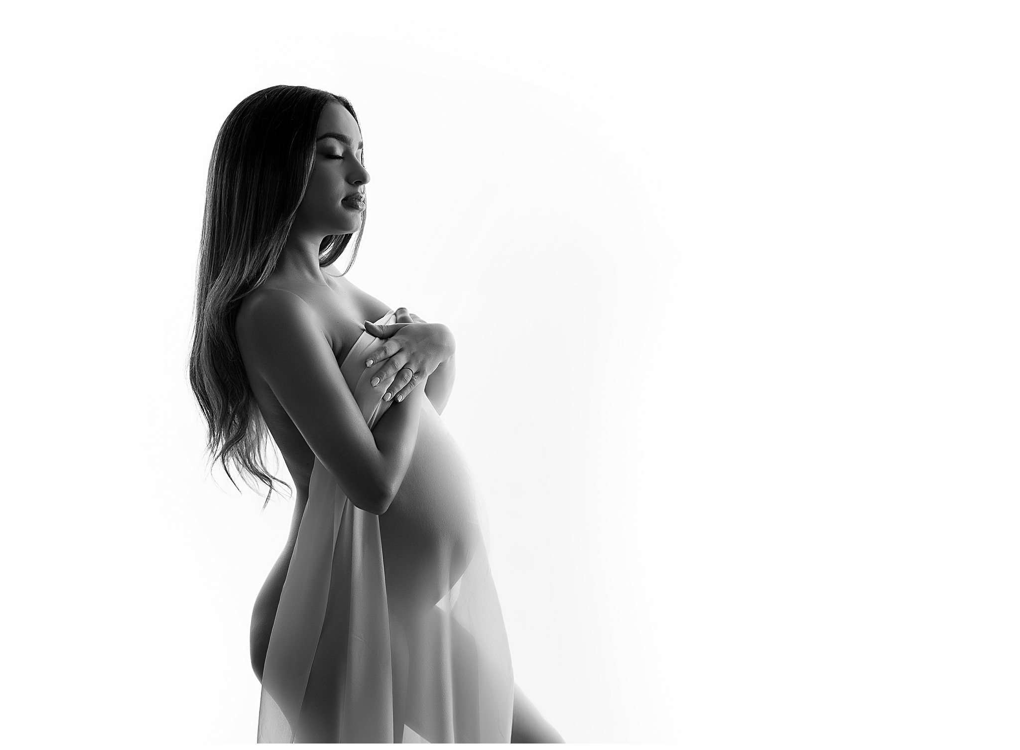 black and white sheer fabric pregnant woman