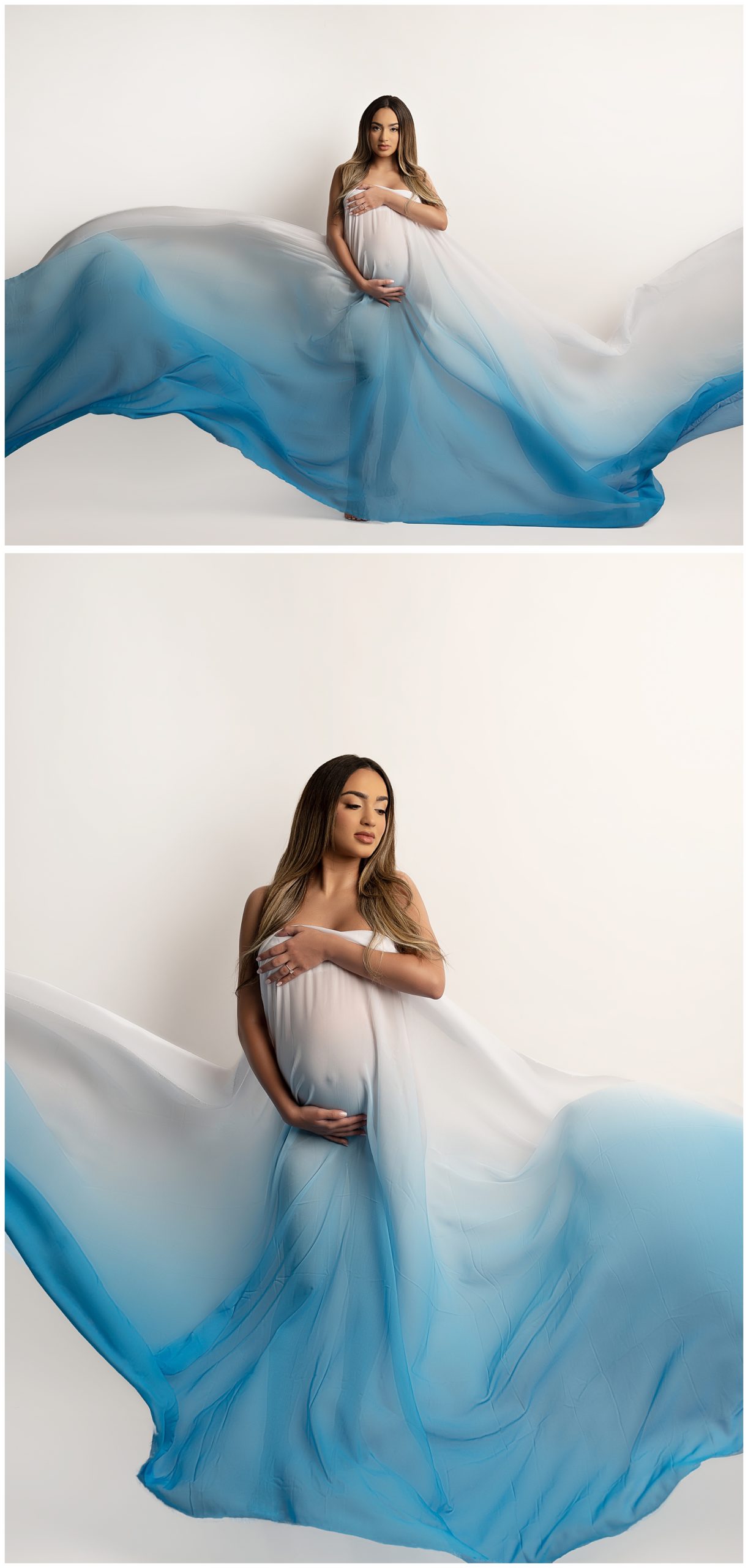 pregnant woman blue ombre fabric white background