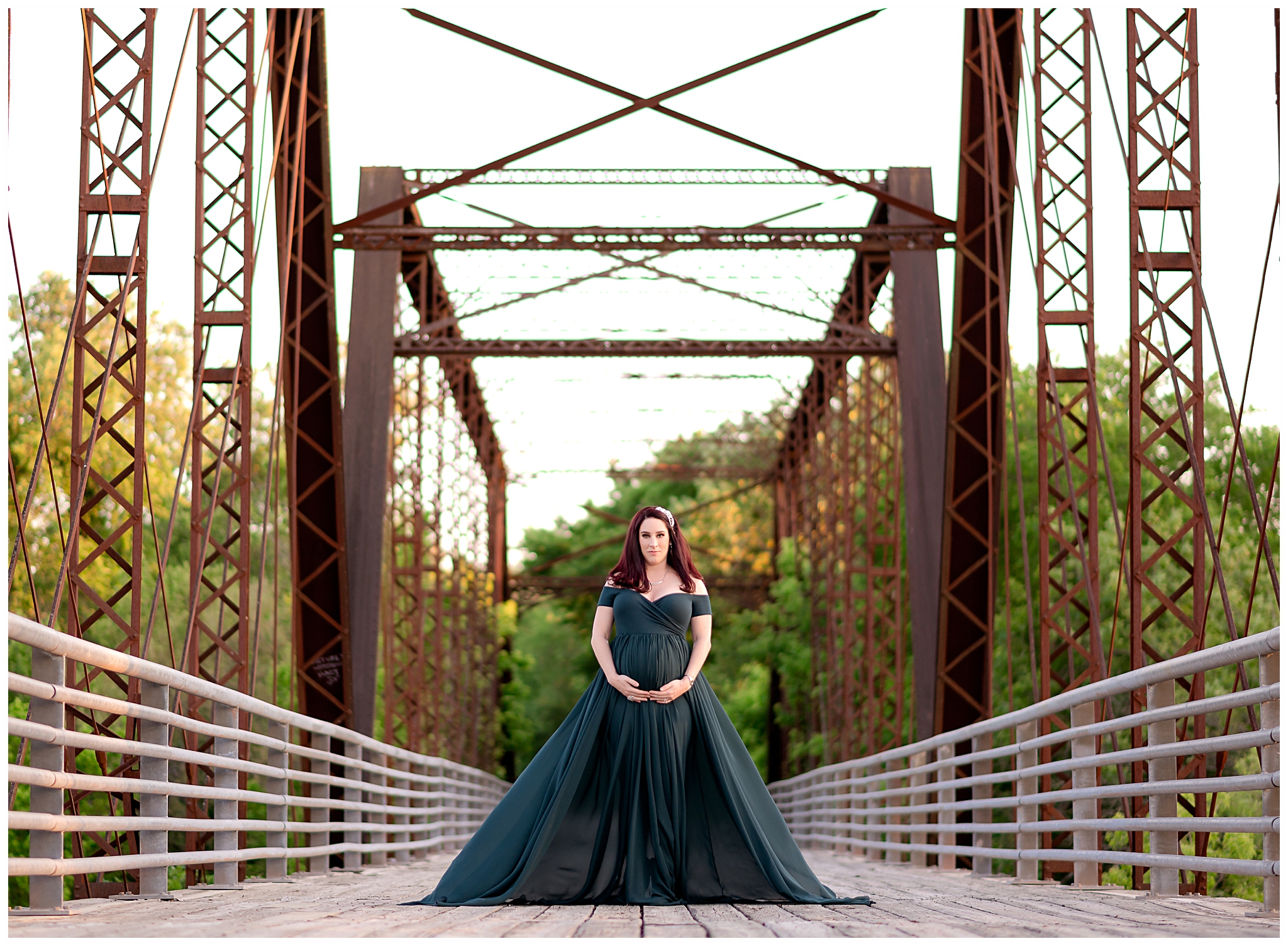 pregnant woman green gown bridge