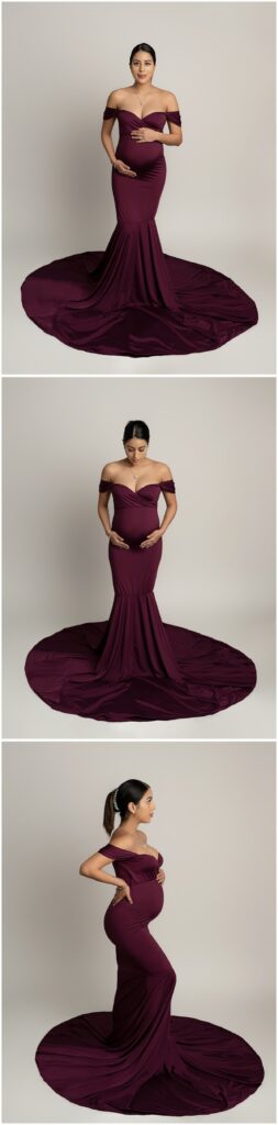 woman wearing purple mermaid maternity gown during austin photoshoot