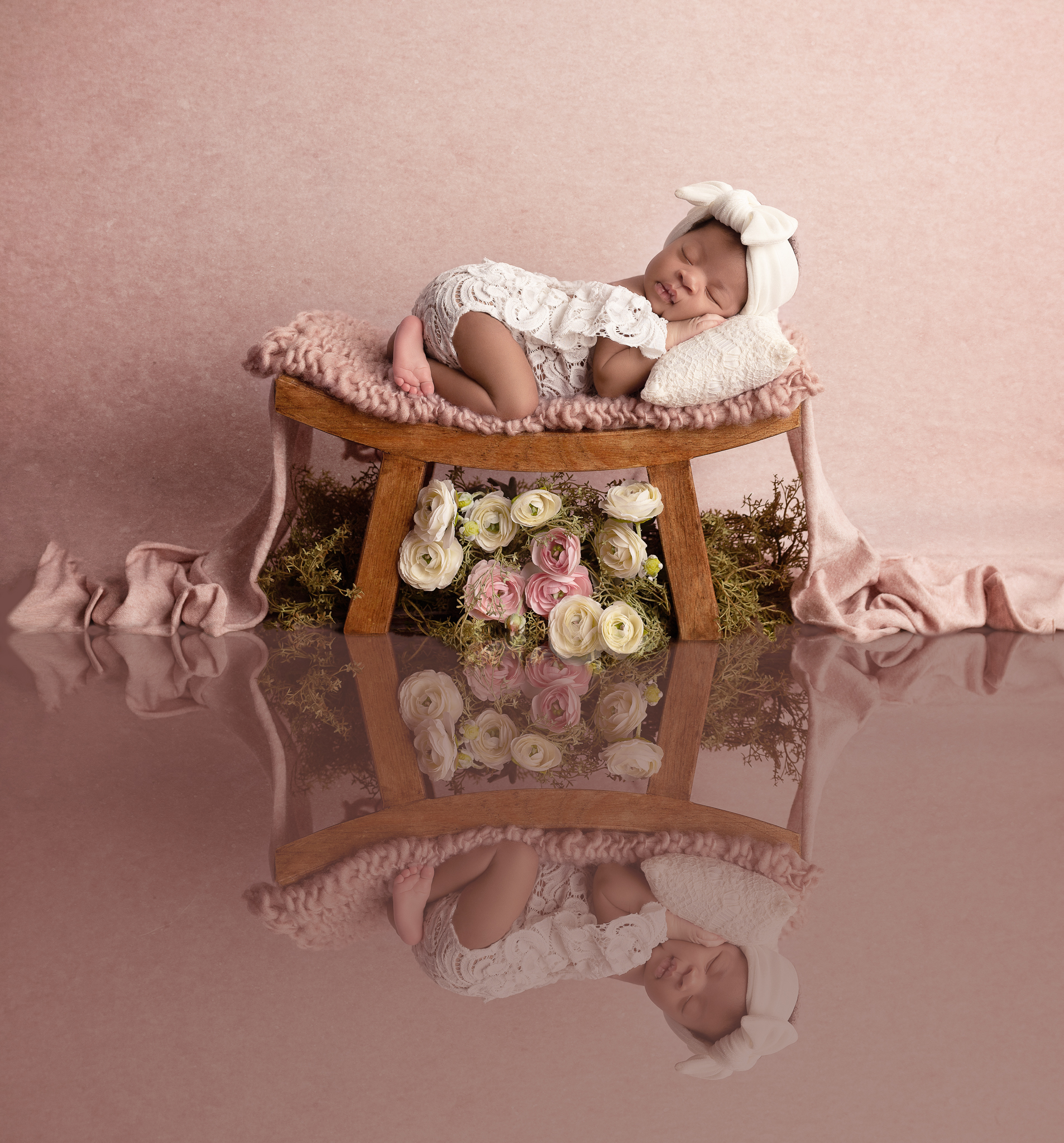 newborn baby white lace outfit white bow florals mirror pink background