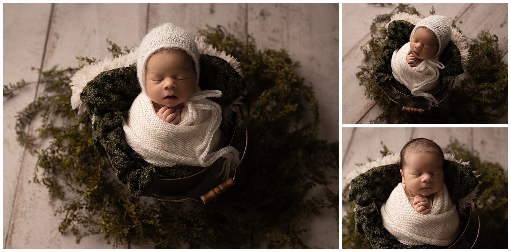 newborn baby wrapped in white knit hat greenery