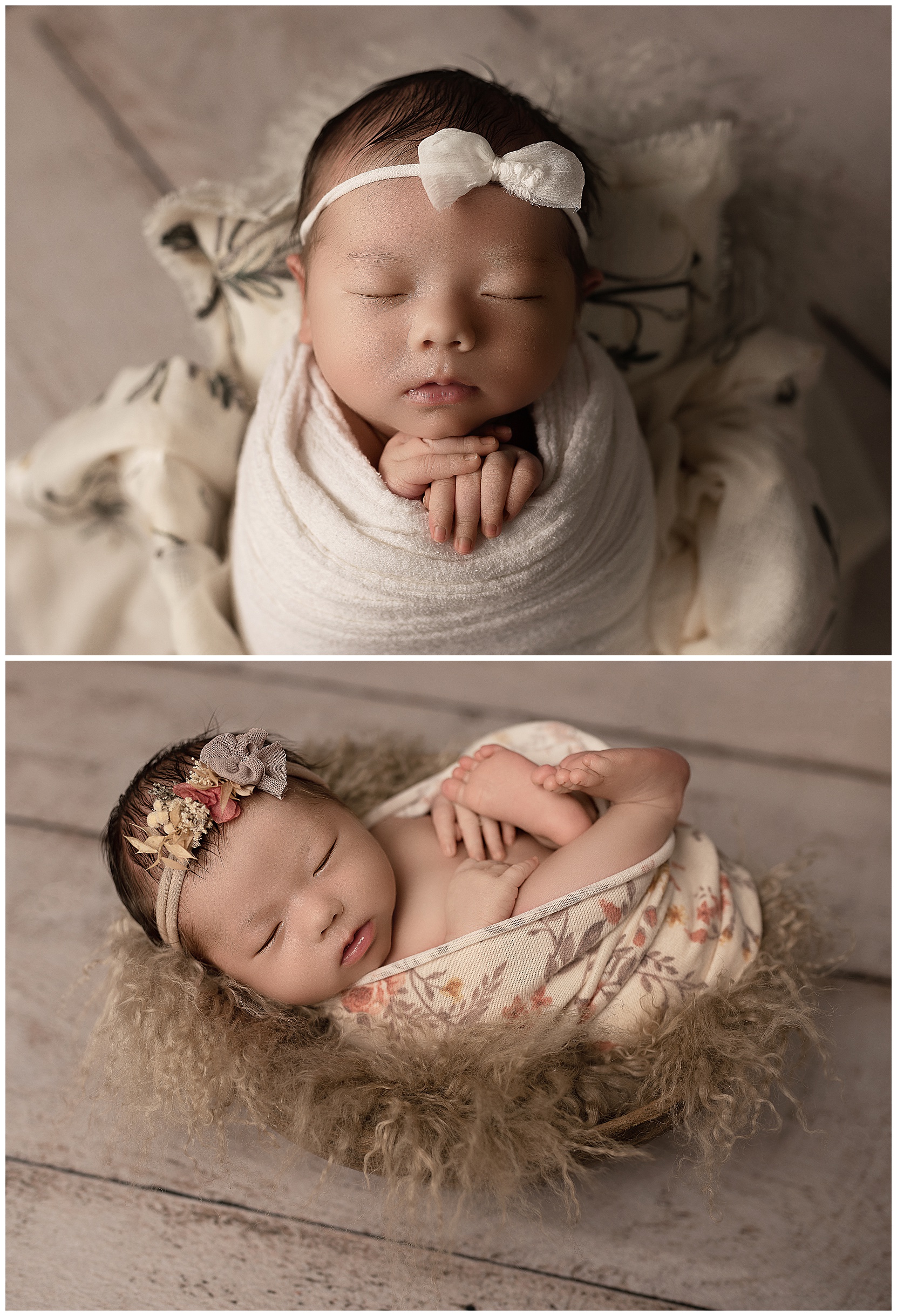 newborn studio photos sleeping baby floral wrap 