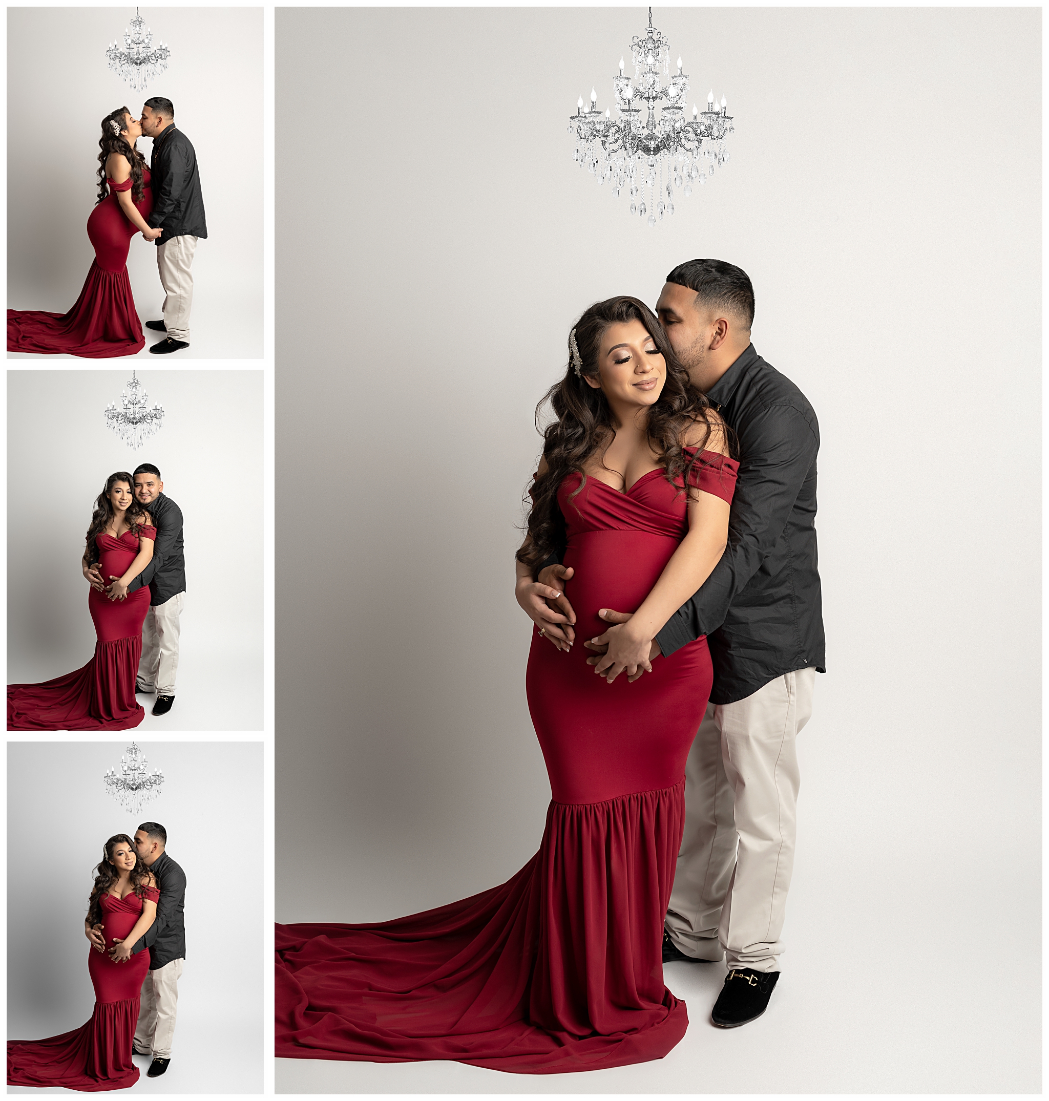 pregnant woman in red dress and red dress under chandelier maternity photos austin