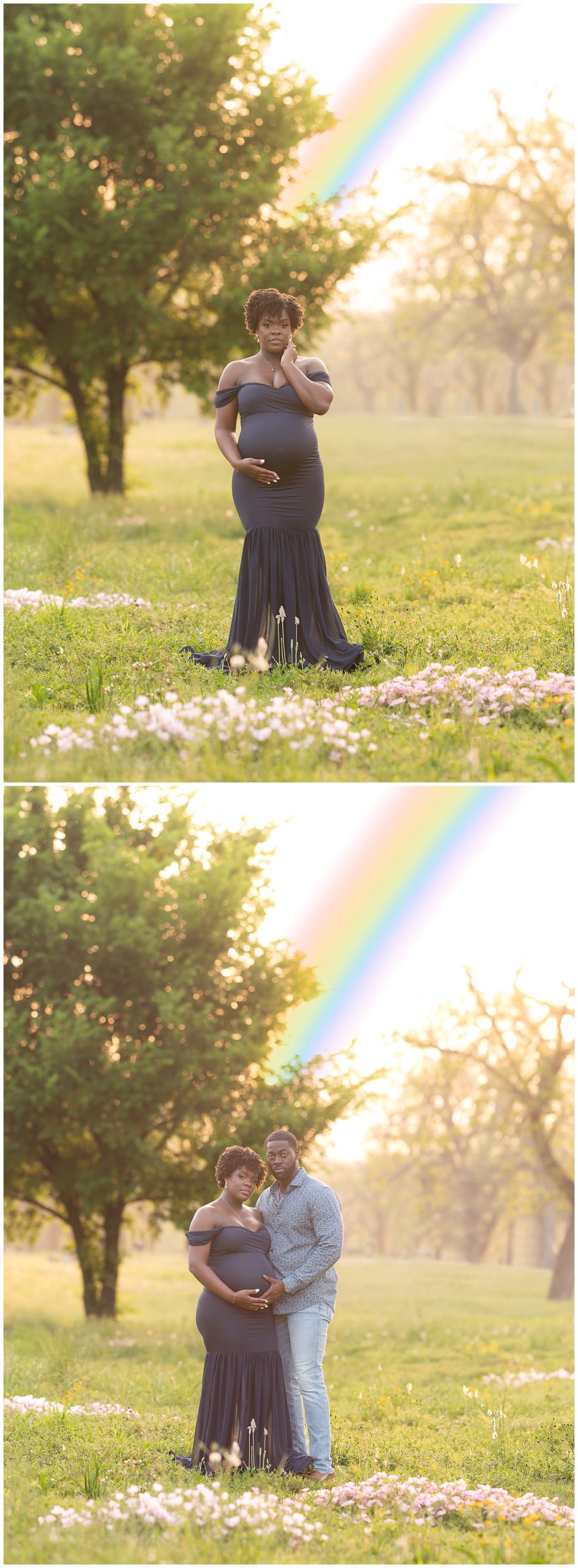 pregnant couple rainbow outdoors