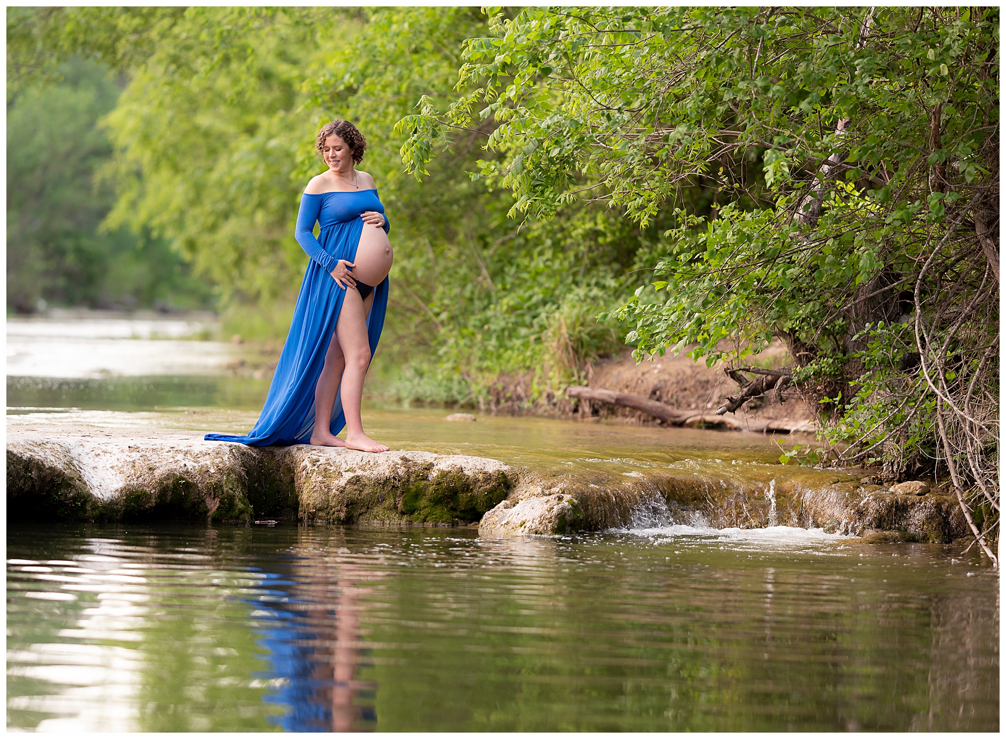 blue open belly dress waterfall