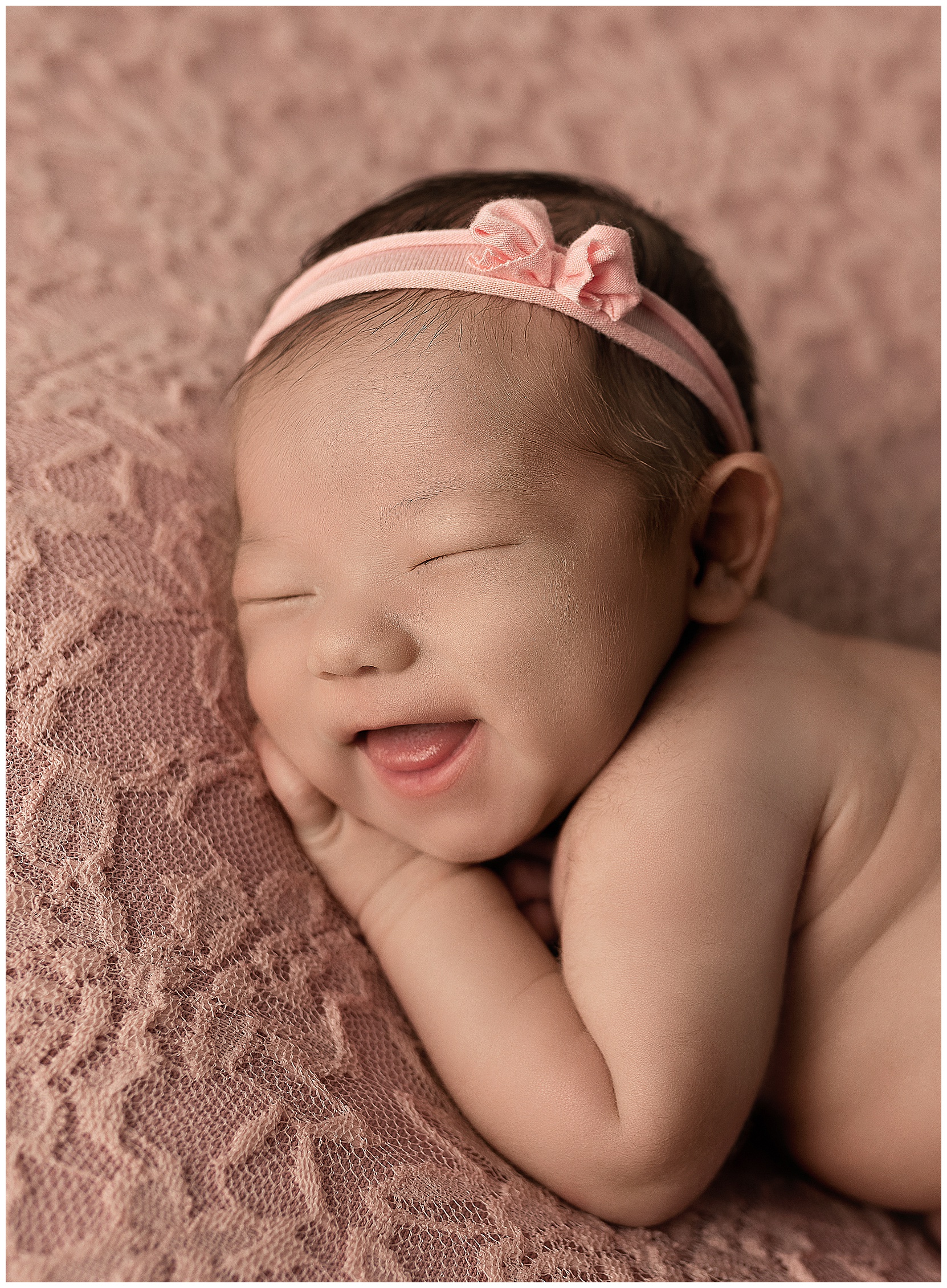smiling baby pink headband pink lace