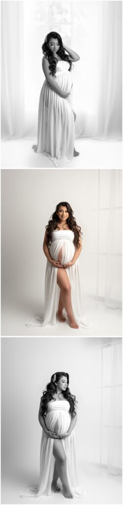 pregnant woman wearing white bandeau dress clean, classic maternity photoshoot