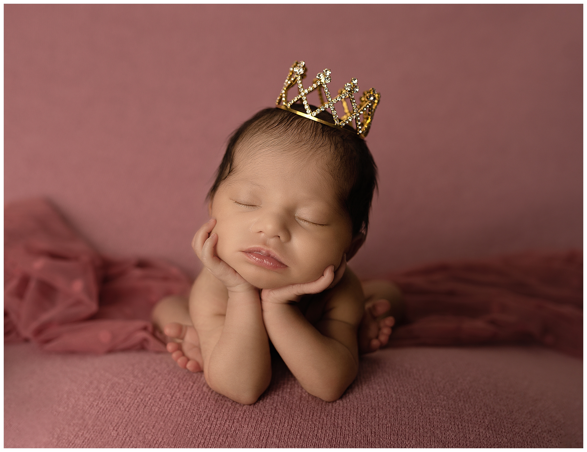 sleeping baby froggy pose gold diamond crown pink blanket