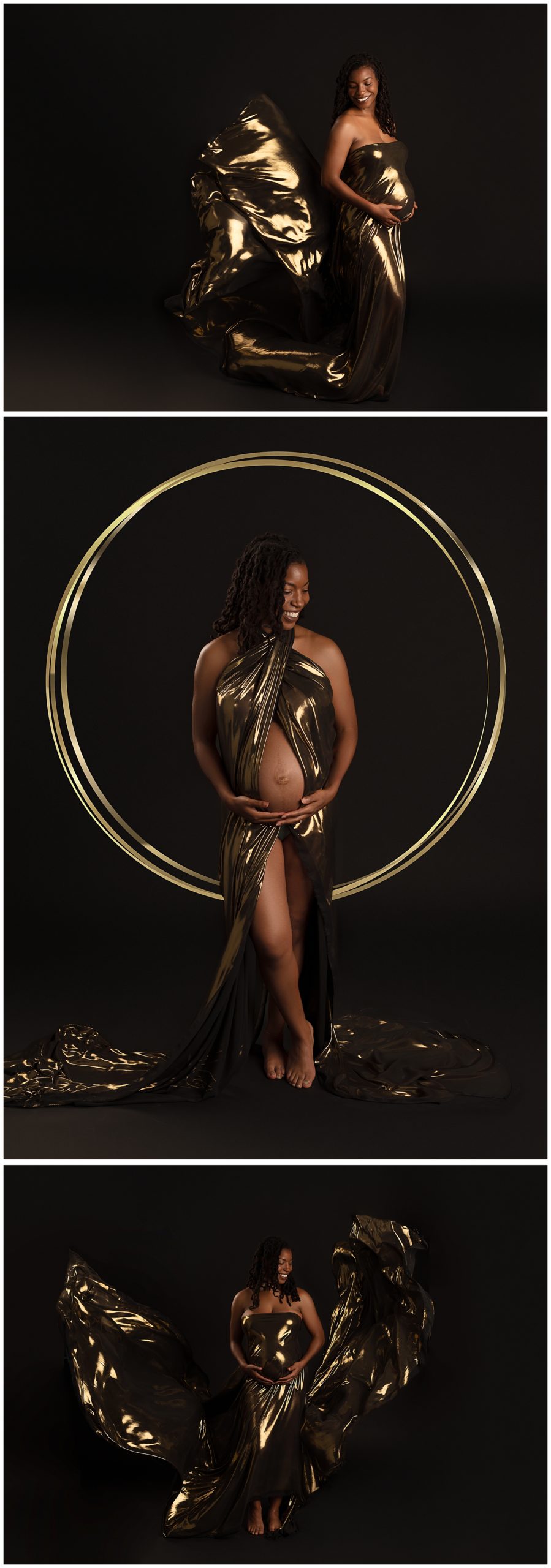 pregnant woman gold dress 