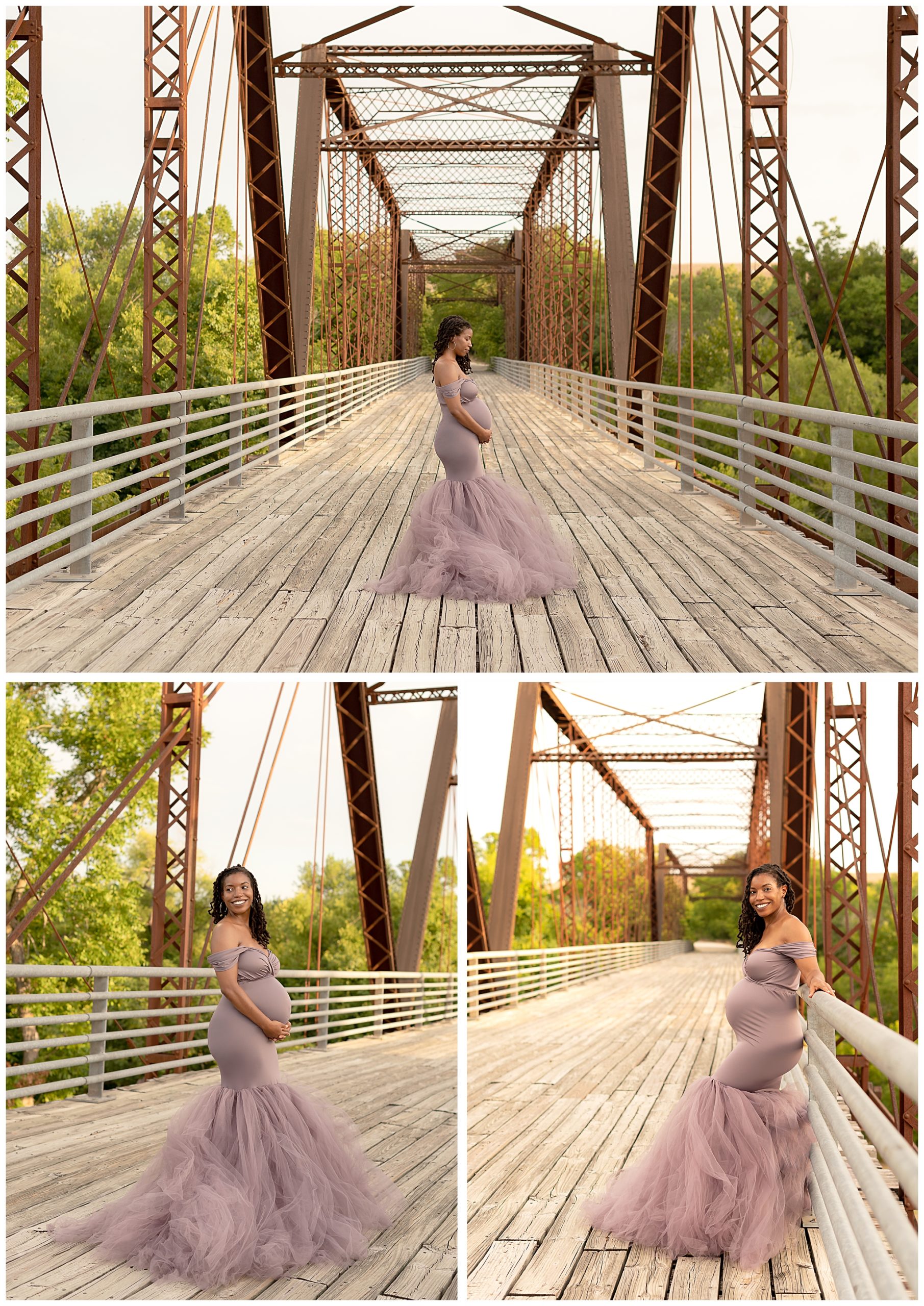 pregnant woman purple tulle dress historical bridge