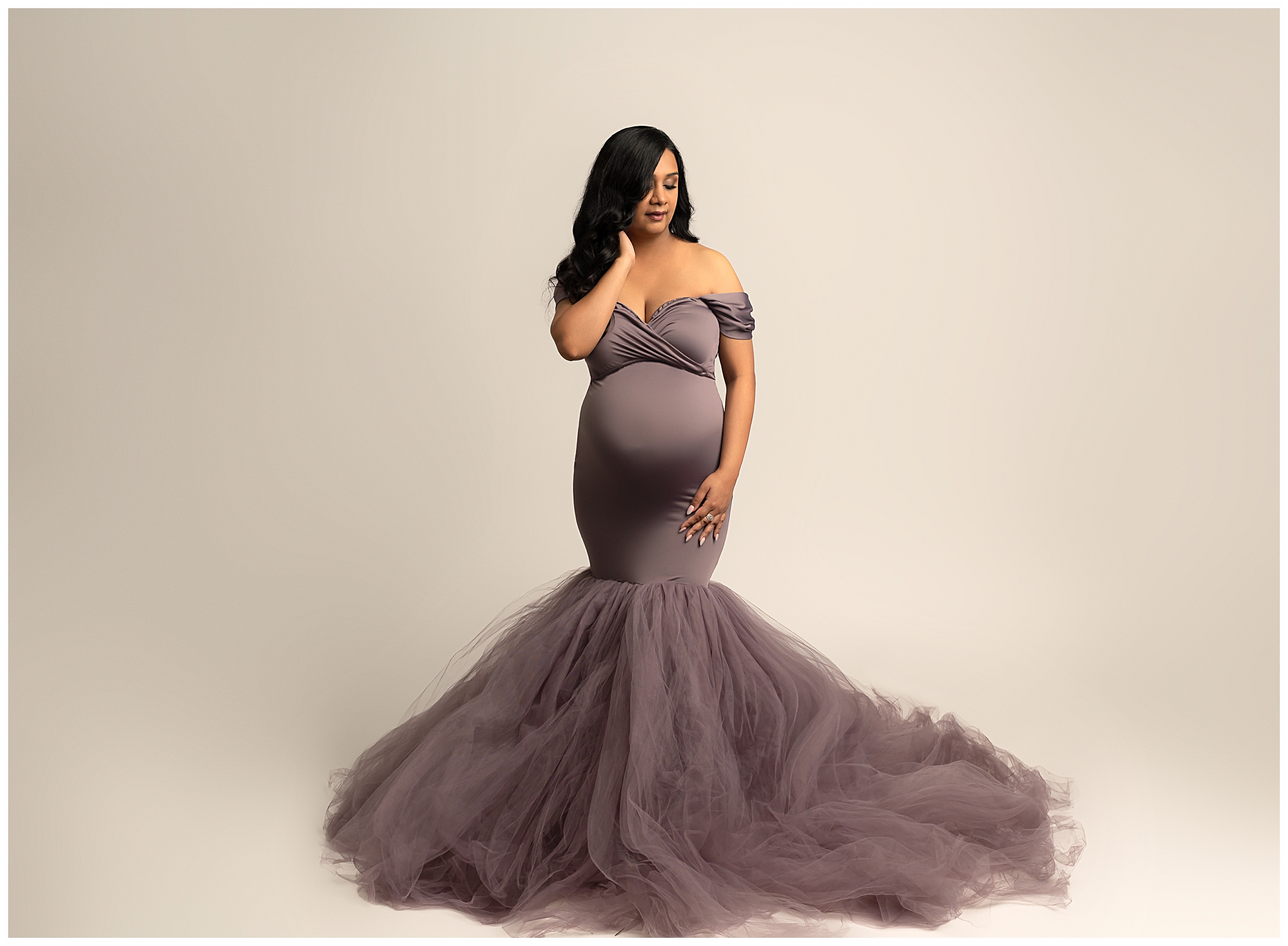 pregnant woman purple mermaid dress tulle