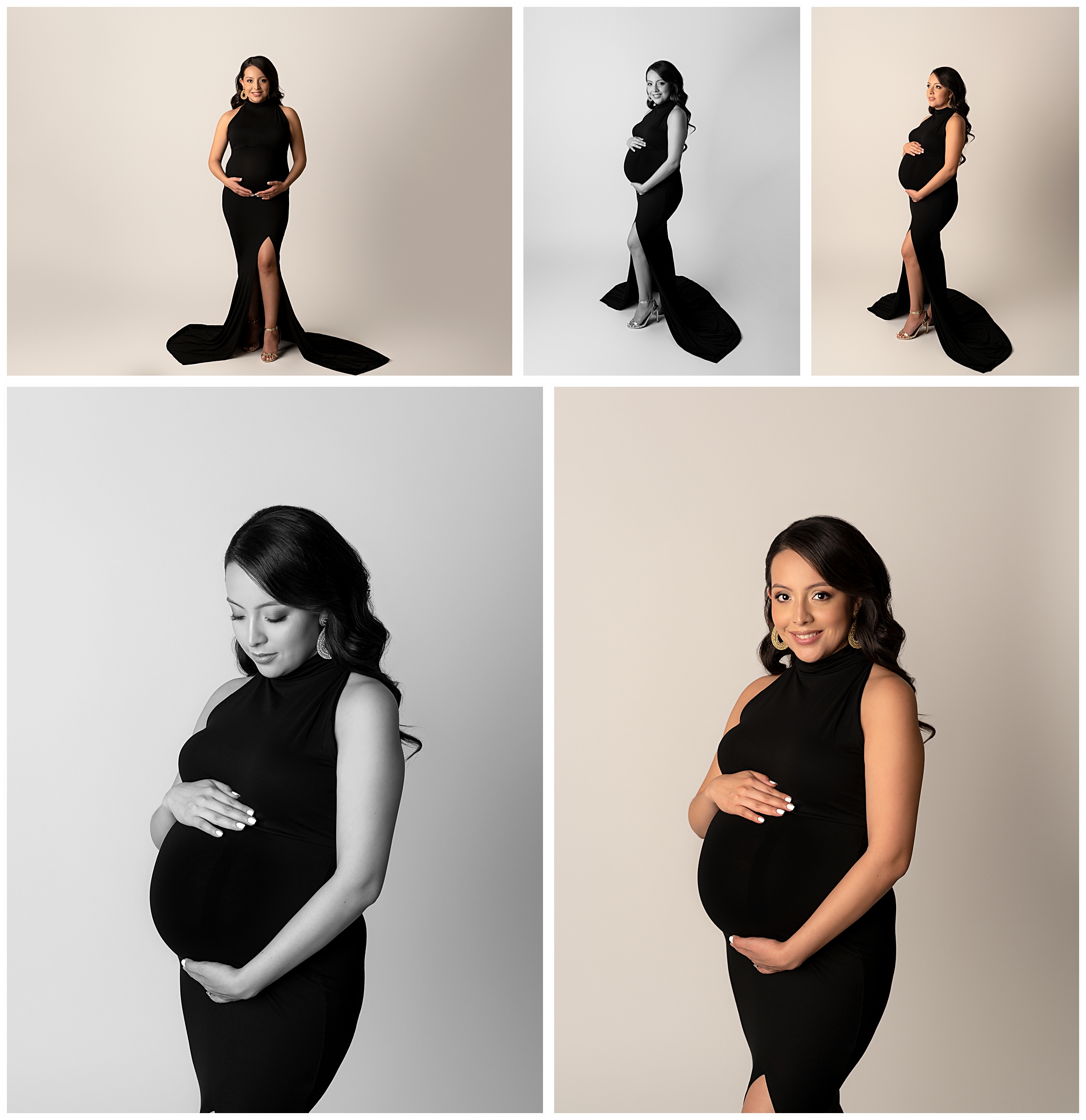 Woman in long black maternity gown posing in several photos from a pregnancy photoshoot