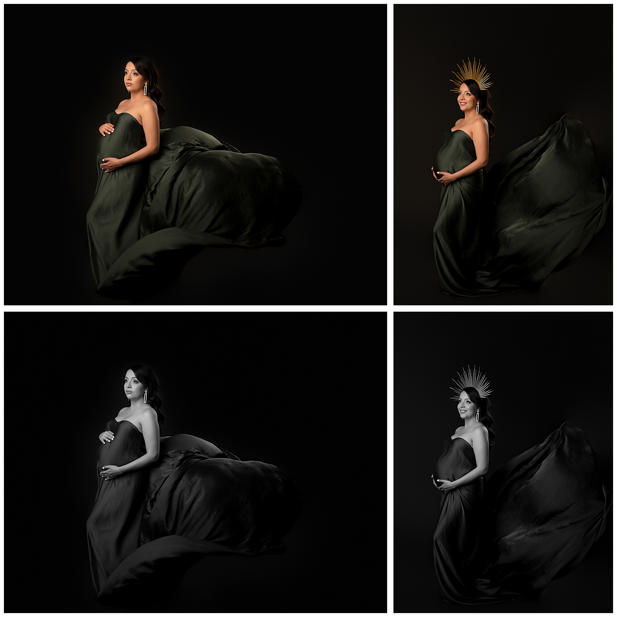 Pregnancy photoshoot collage of woman in black satin on a black background facing the left