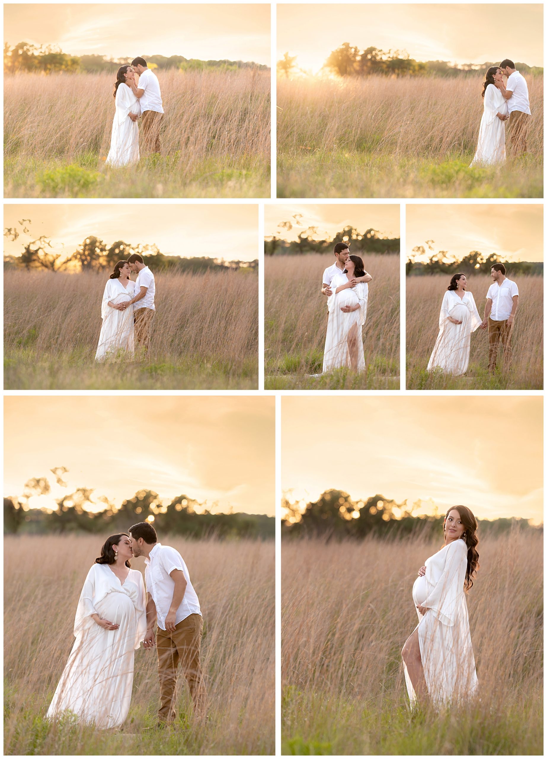 Pregnancy photoshoot collage with man and woman in front of sunset