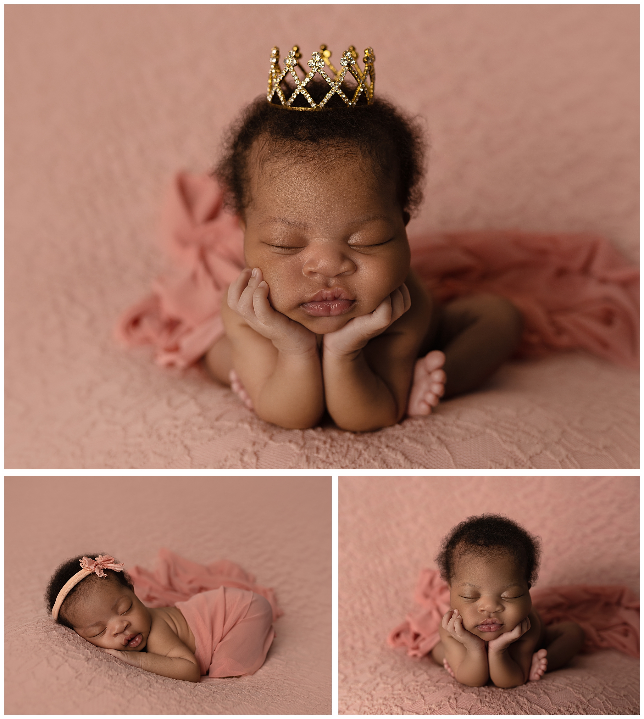Cute photo montage of three rainbow baby pics featuring a newborn on a pink background. 