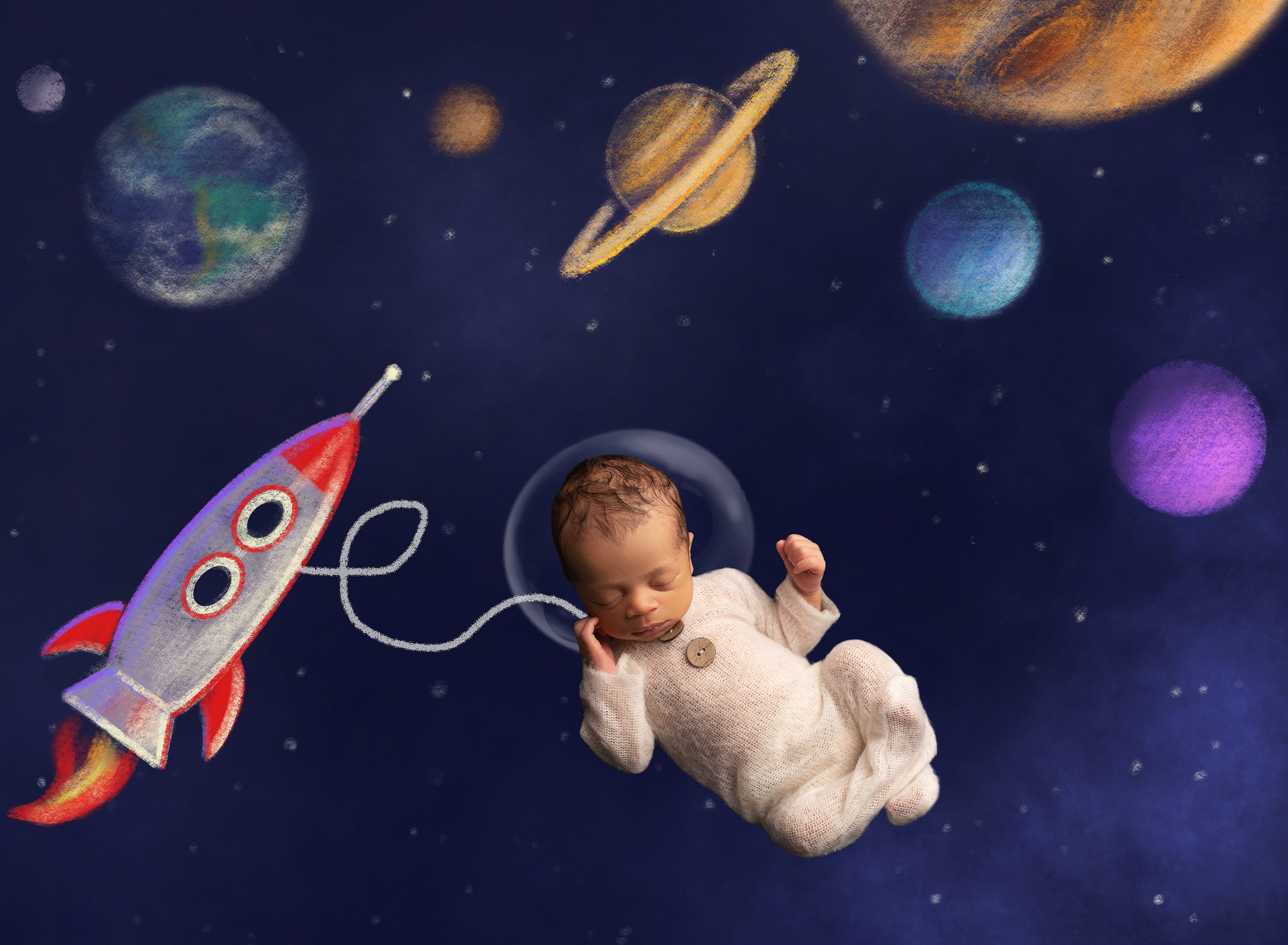 baby wearing white outfit laying in a space scene