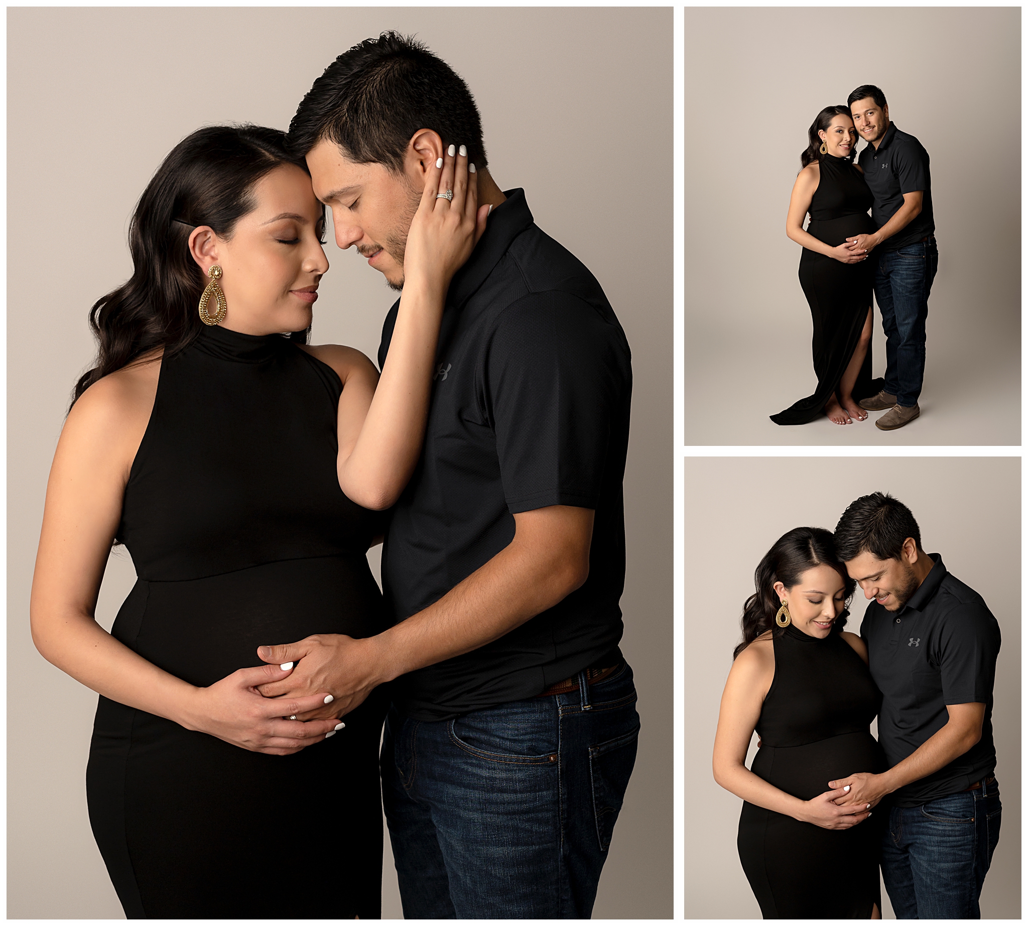 Collage from pregnancy photoshoot including a man and woman holding each other in different poses