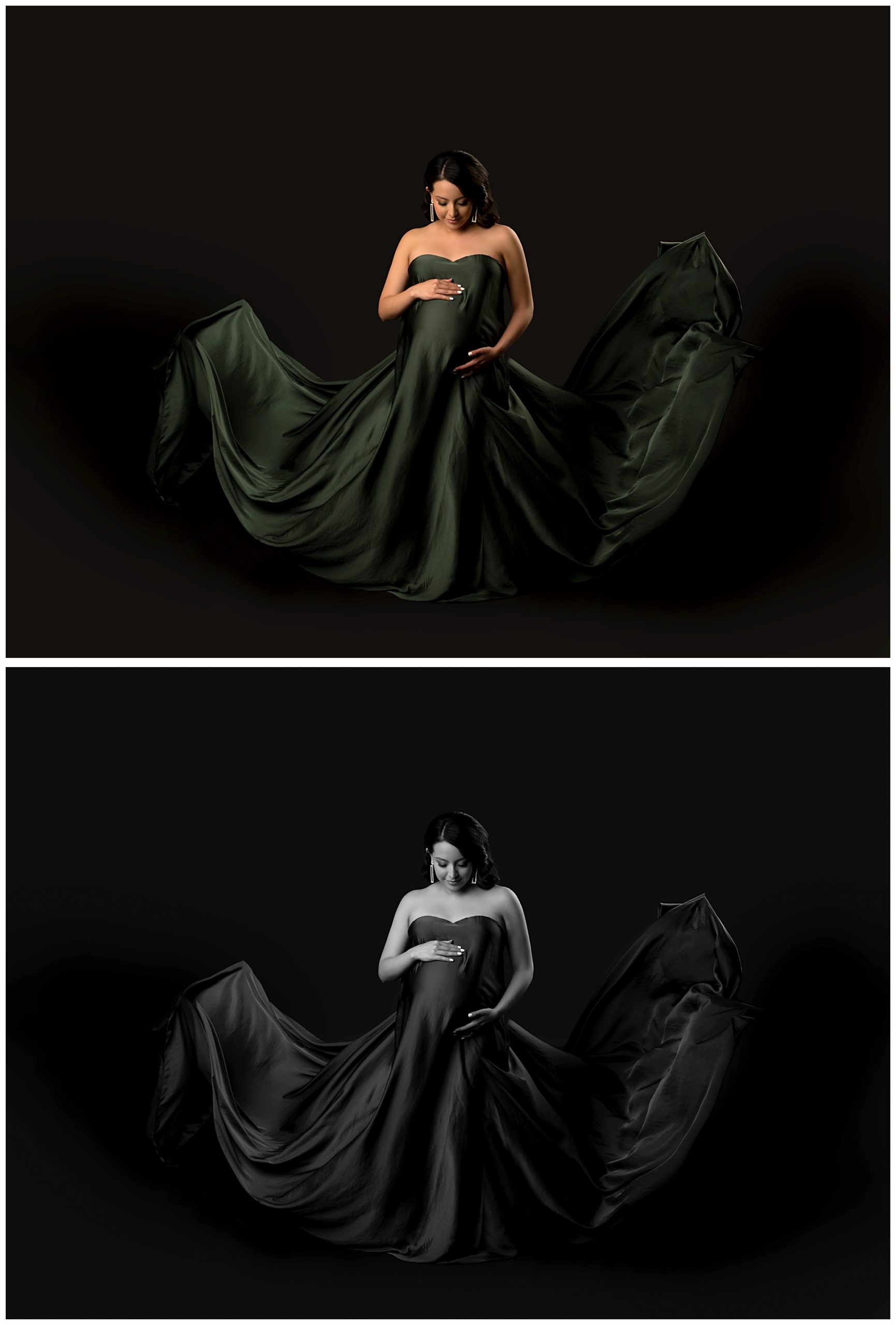 Set of two photos from pregnancy photoshoot of woman wearing black satin on a black background