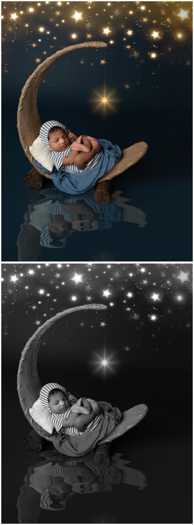 Baby sleeping with a blue striped outfit and bonnet on laying on a burlap moon with gold stars all around her