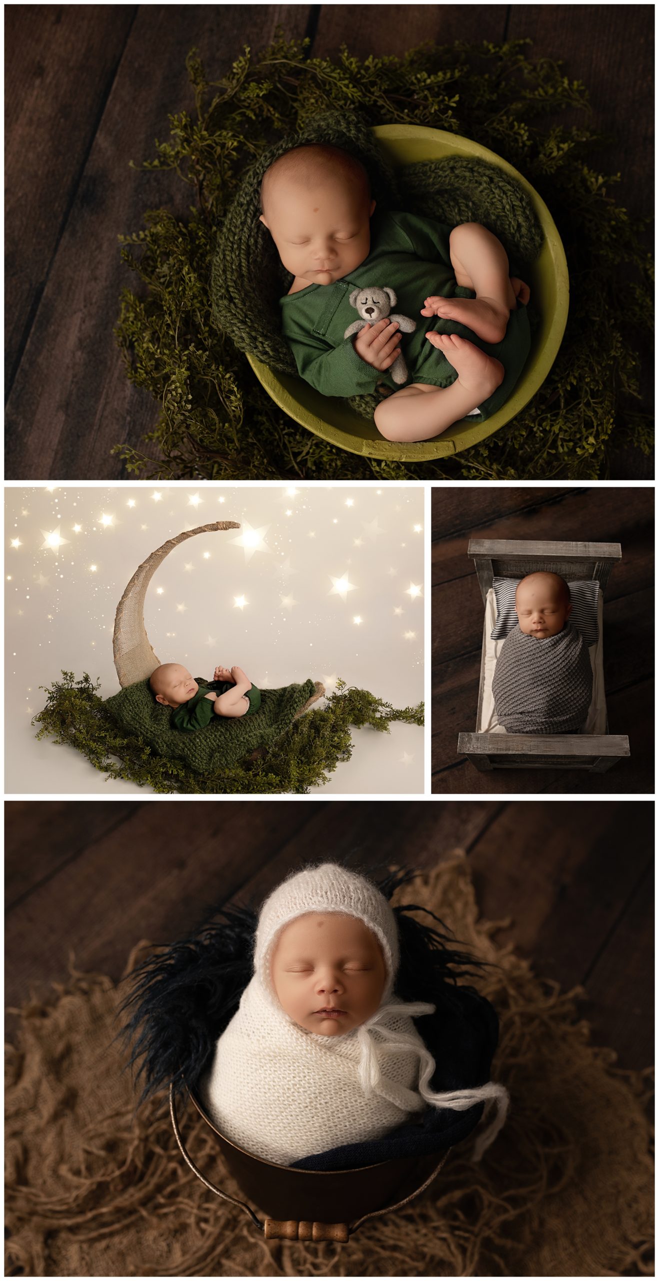 sleeping baby in various newborn props