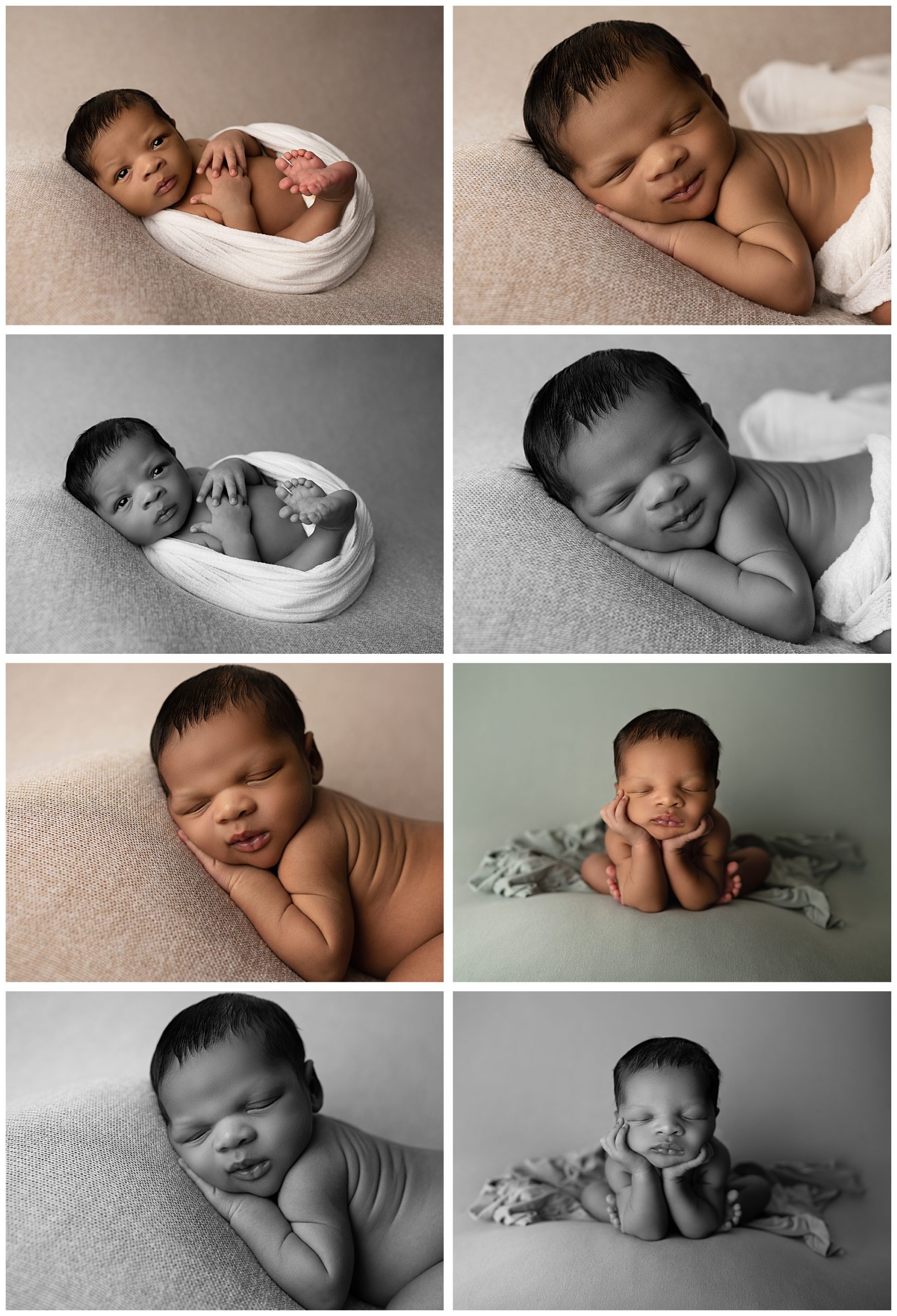 Rainbow baby montage, smiling newborn in a white blanket, sleepy newborn in a white blanket