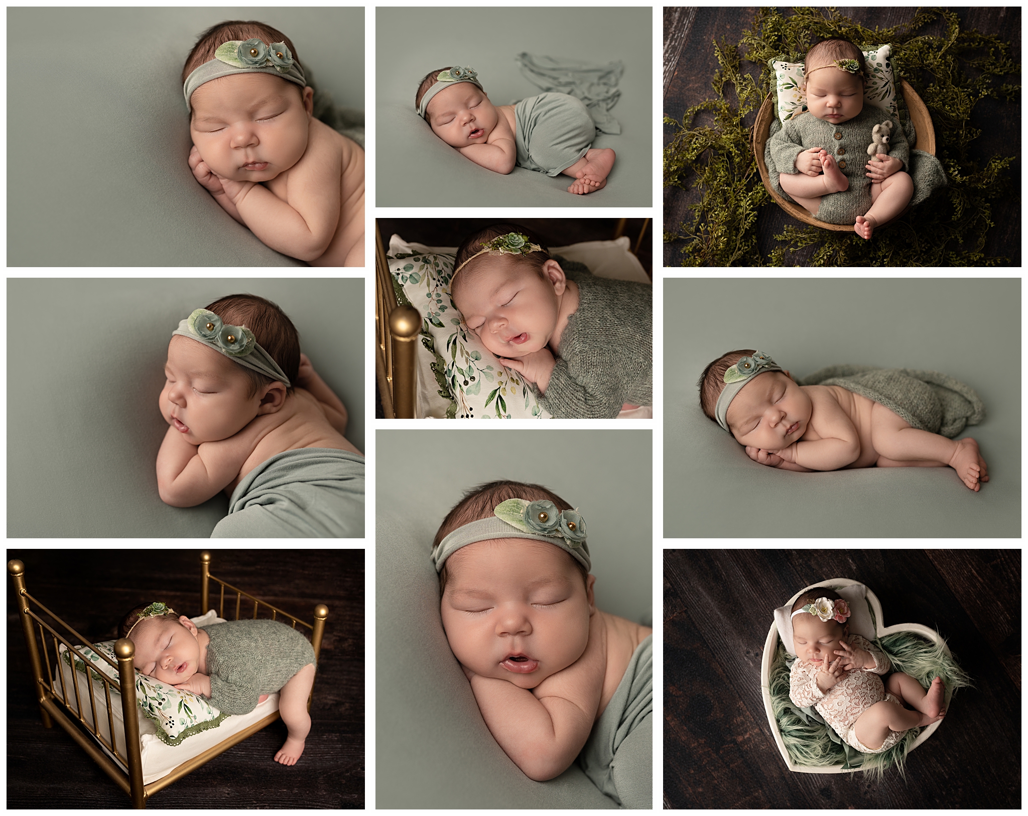 newborn baby laying on green background with green headband or outfit on while sound asleep
