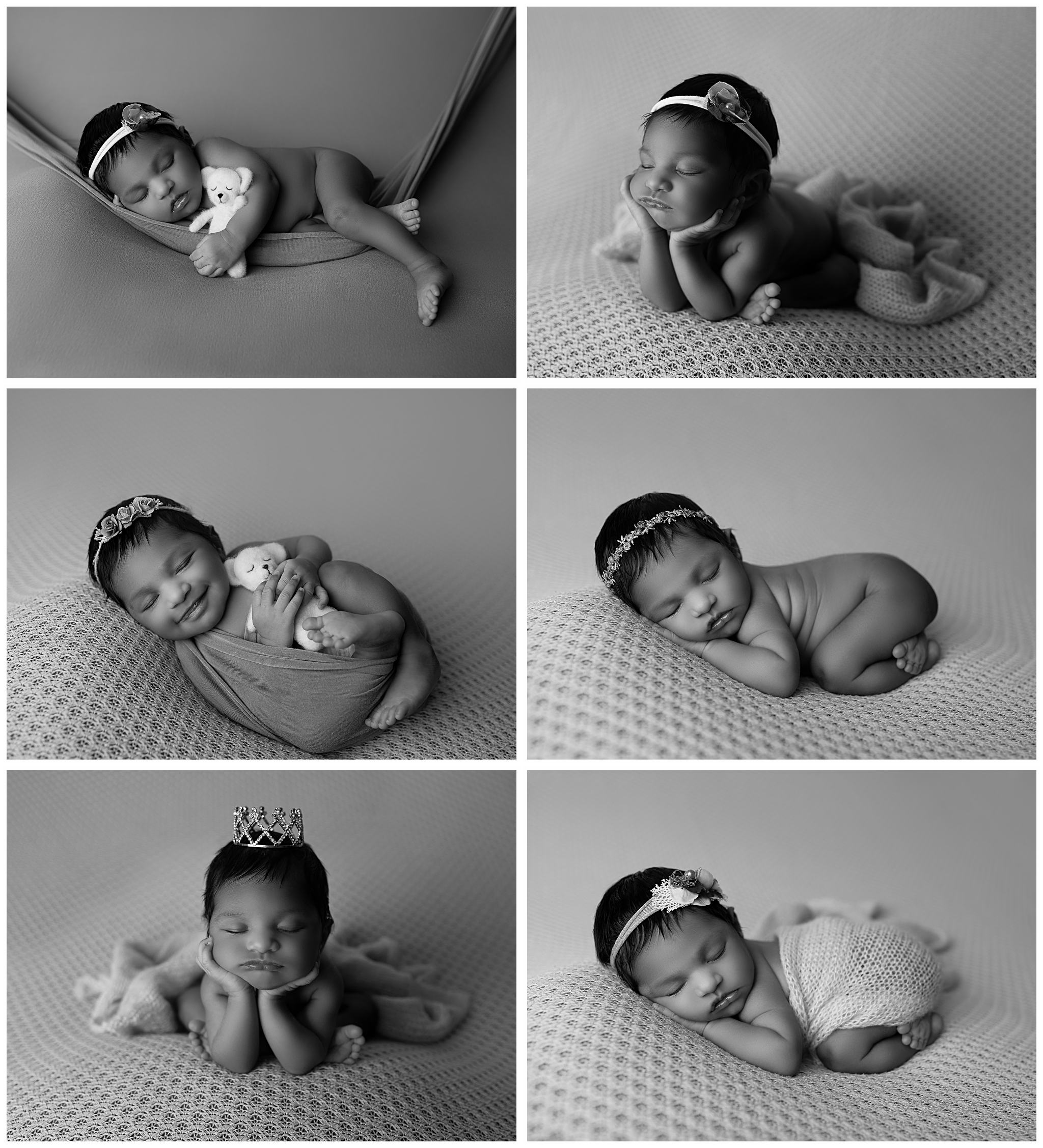 Black and white collage of sleeping baby in various posed newborn photography positions during newborn photoshoot.