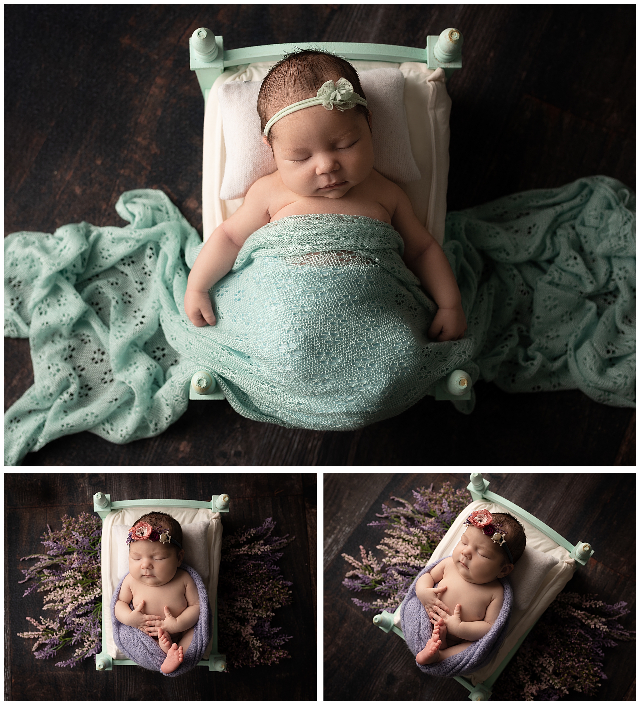 Newborn baby sleeping in turquoise baby bed with flowers