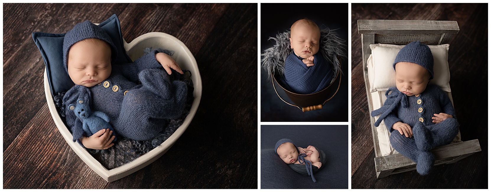 Austin newborn photo montage of a fair skinned newborn in blue knit clothing. 