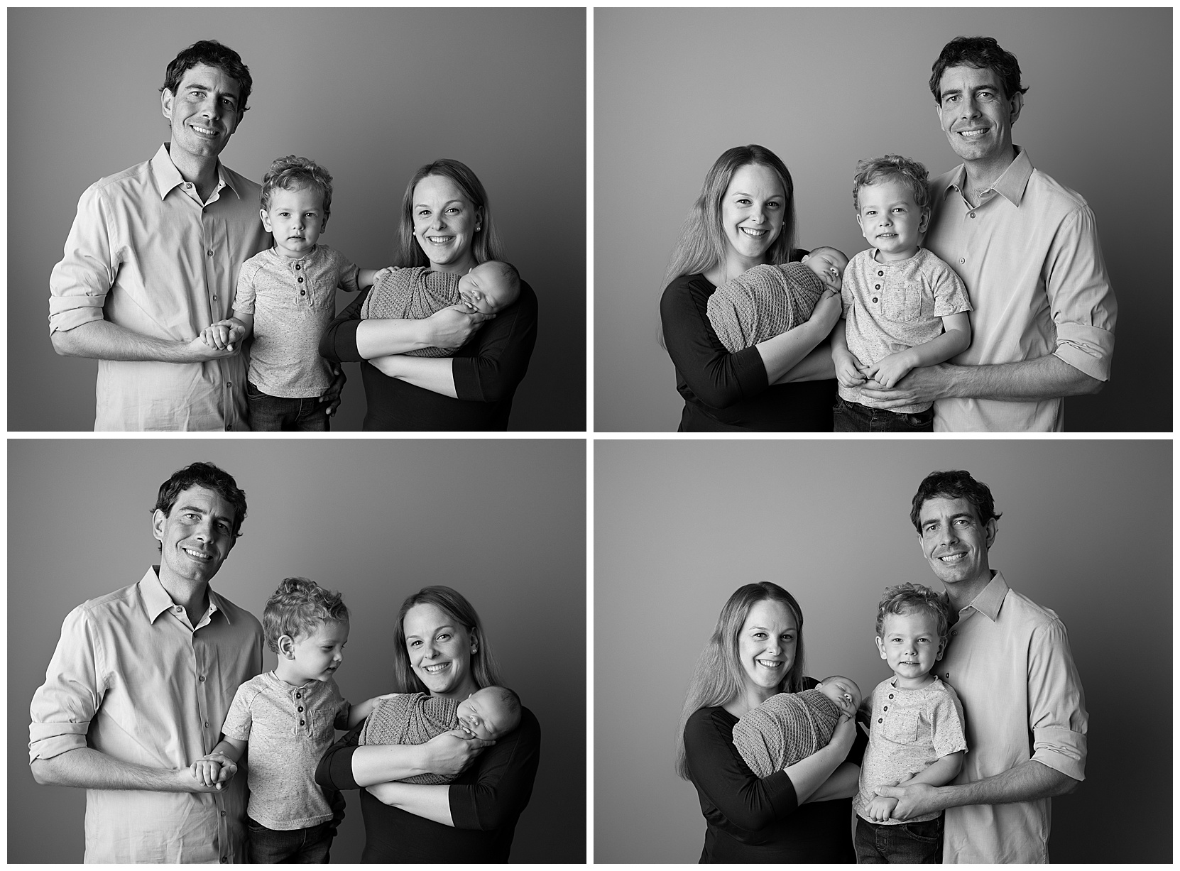 Series of four black and white photos of family consisting of father, toddler, newborn, and mother
