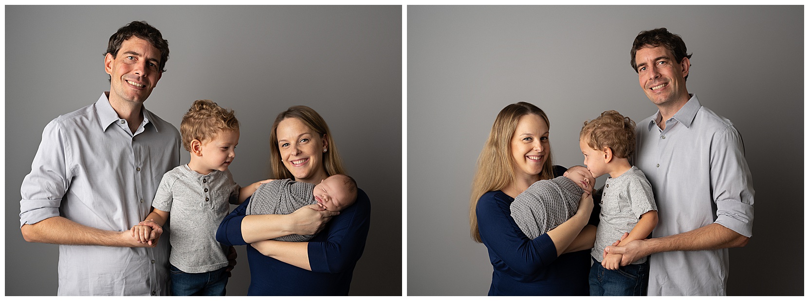 Two color photos next to one another. Each photo contains a father, toddler, newborn, and mother.