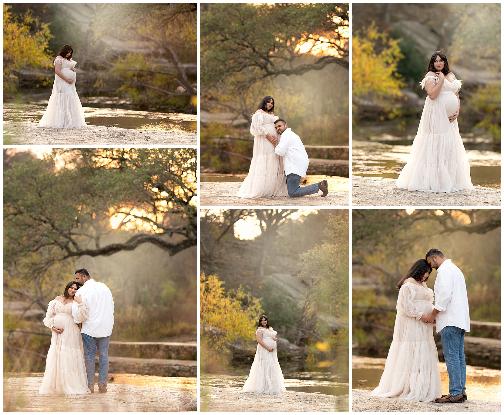 Photo montage featuring a man and woman. Woman is in a white maternity gown. All photos taken by Bull creek. Photos feature fall foliage and a sunset in the background.