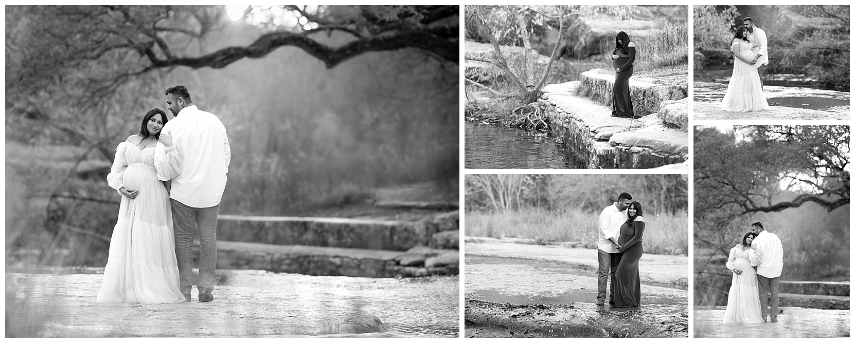Black and white Austin TX maternity photos featuring a woman in two different maternity gowns and her husband. Taken next to Bull Creek in Austin. 