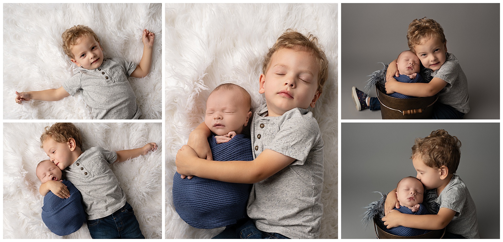 Photo montage of fair skinned newborn and older brother on white and gray backgrounds