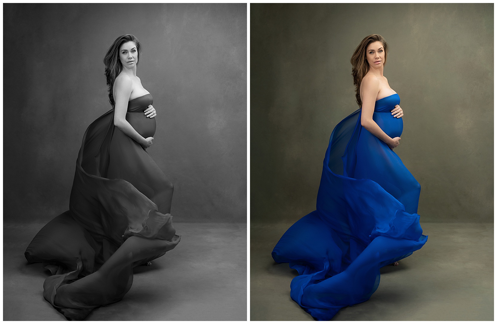 Fair-skinned model with light brown hair in a royal blue maternity gown posed to the side with her hands on her pregnant belly
