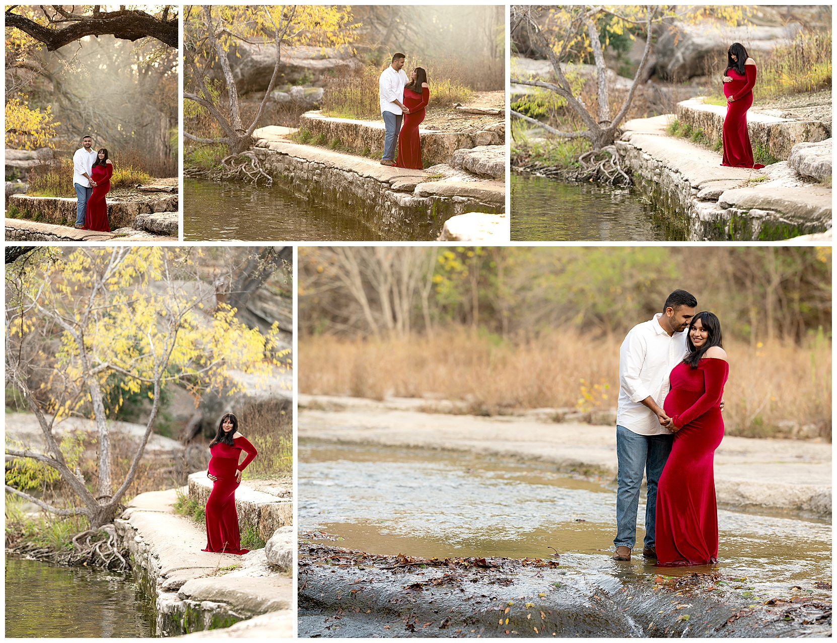 Collage of five different photos of a man and woman standing by the creek. Man is in jeans and a white shirt. Woman is in a red velvet maternity dress. 