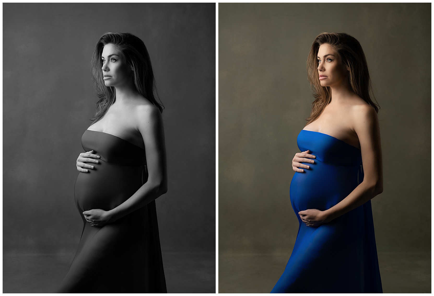 A montage of two photos featuring a white woman with sandy brown hair in a blue gown cradling her baby bump. Photo on the left is in black and white, photo on the right is in color.
