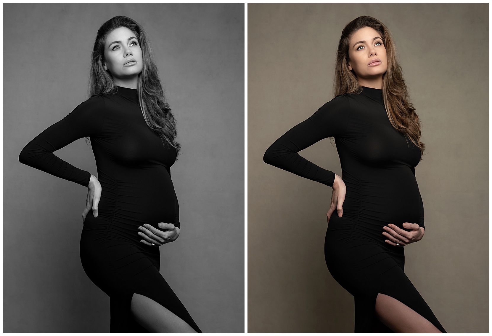 Photo montage containing two portraits of a white, pregnant model wearing a black mock turtleneck. The left portrait is in black and white and the right portrait is in color. 
