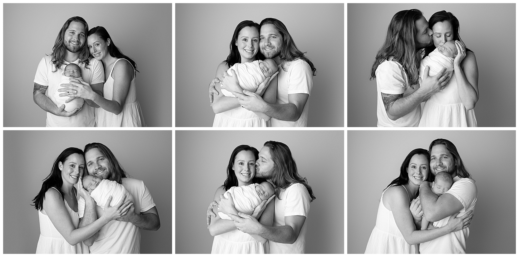 Black and white family photo montage of young, white man and woman with a newborn baby