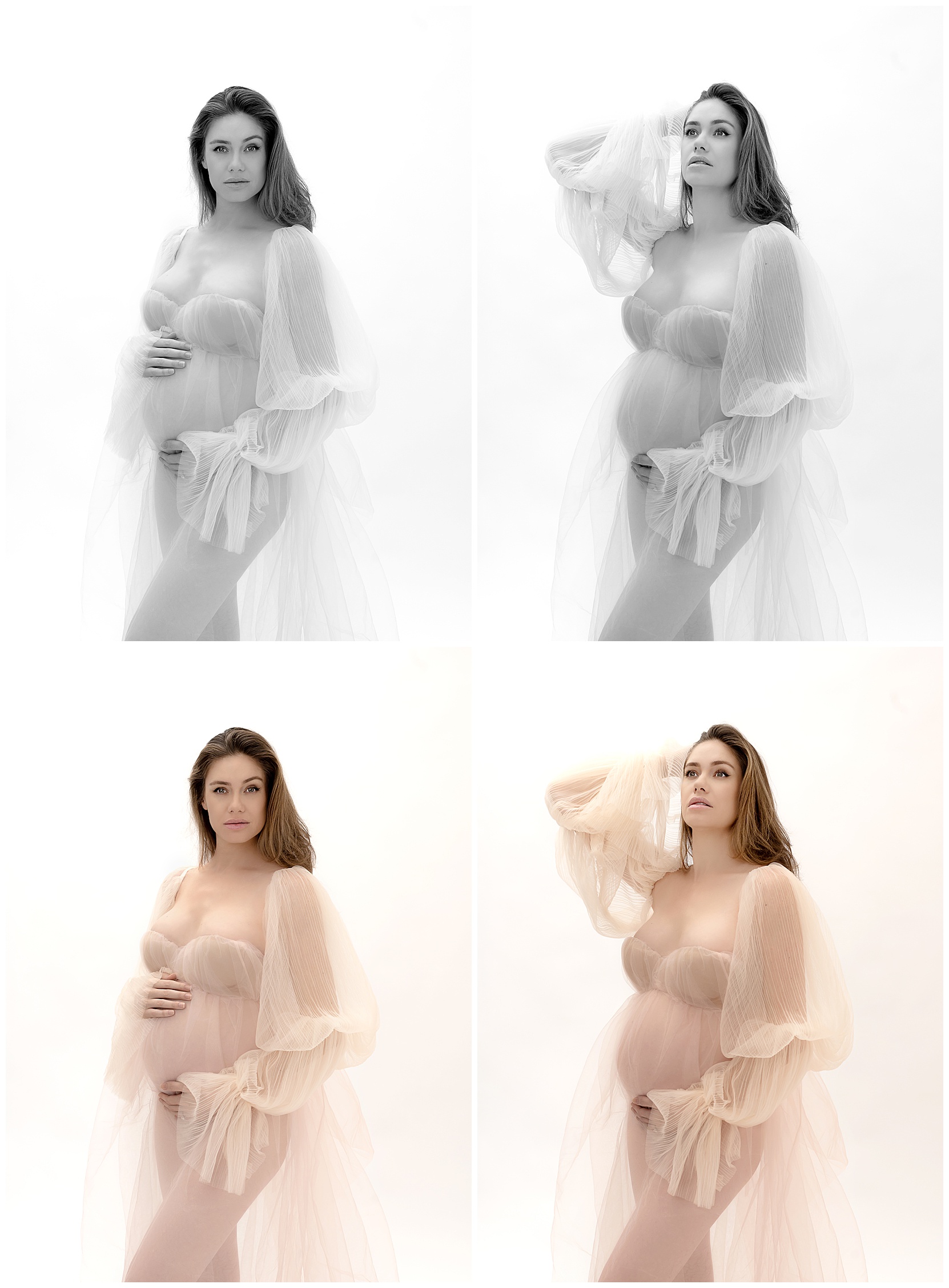 Photo montage of four photos of a white pregnant model. The top two pictures are in black and white and the bottom two are in color. 