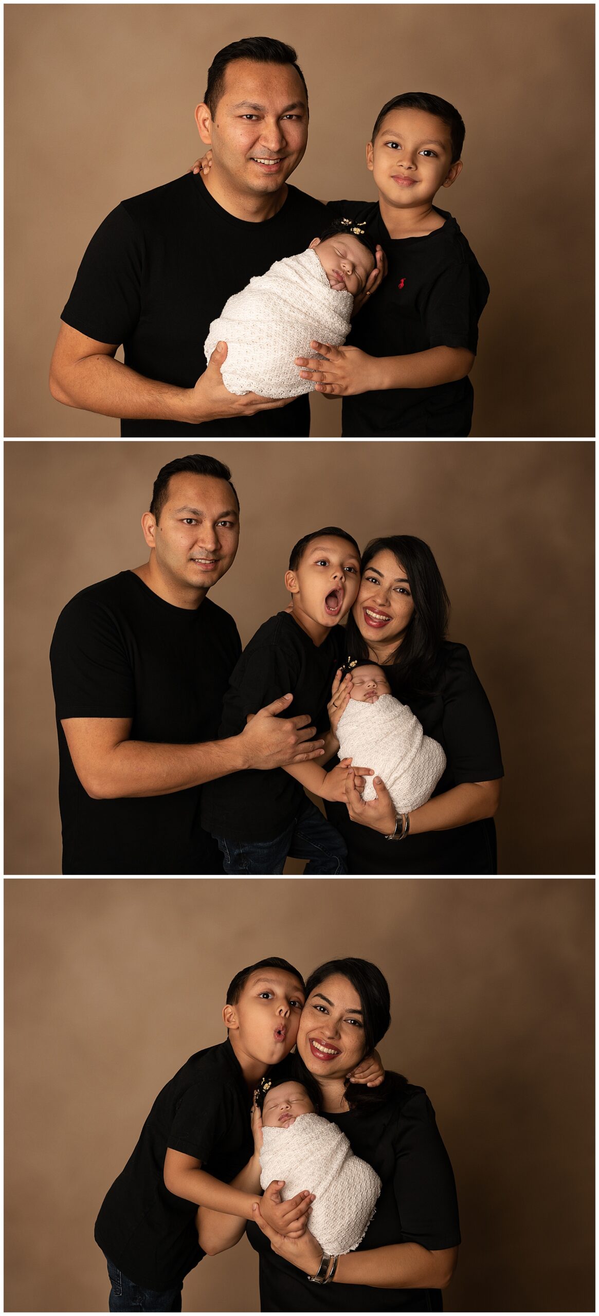 Three newborn family photos: top photo features dad, small son, and newborn swaddled in a white cloth. The middle photo features Dad, young son making goofy face, mom, and newborn swaddled in white. Bottom photo features young son making a goofy face, mom, and newborn swaddled in white. 