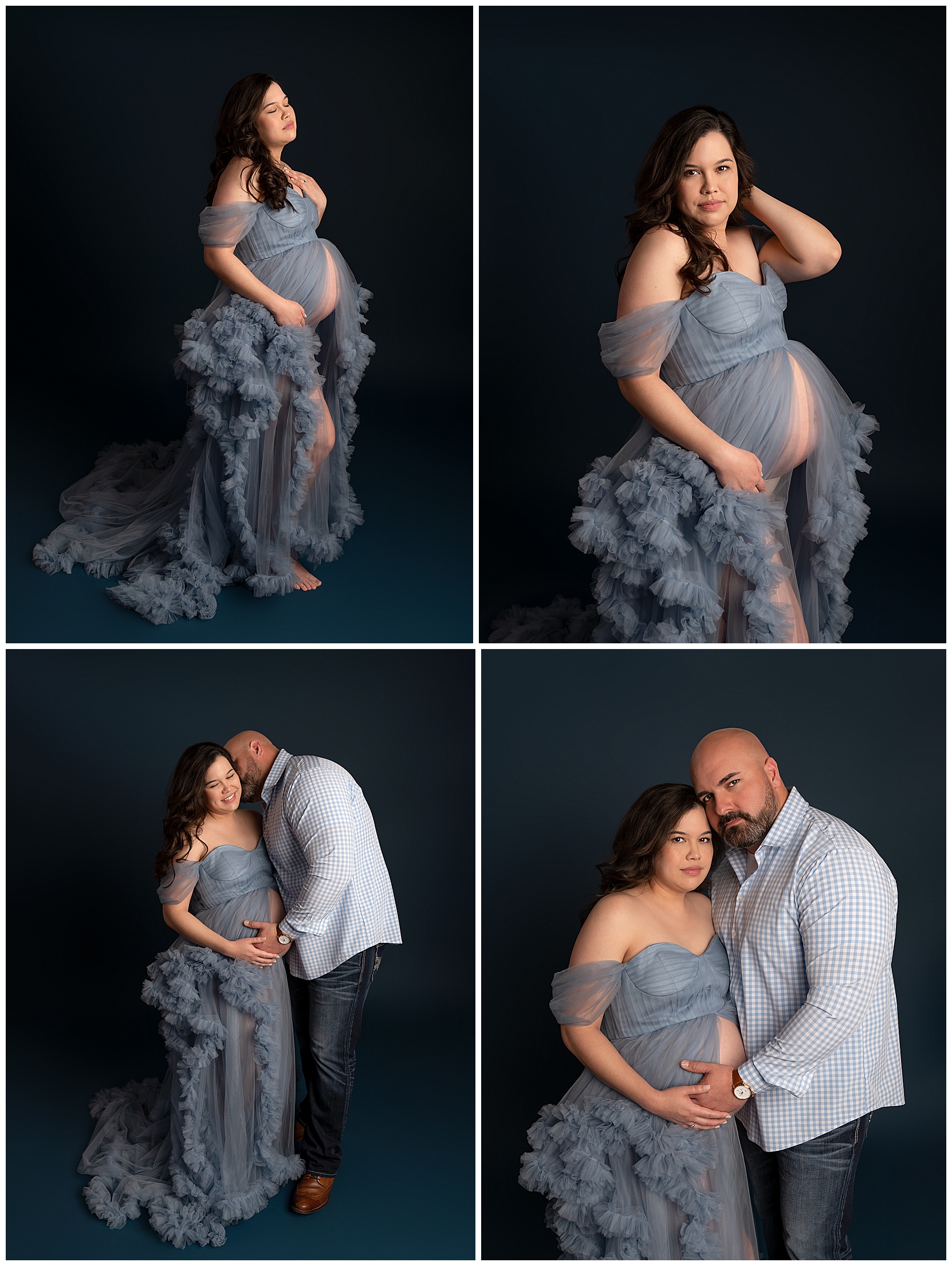 Collage of four unique maternity photos. Top two photos feature a pregnant woman posed to highlight her baby bump. Bottom two photos feature the same woman and her male partner. 